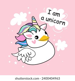 Pato de goma vestido con un traje de unicornio de fondo rosado. Ilustración del vector