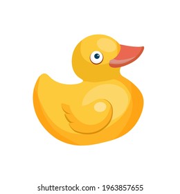 Rubber duck vector flat illustration isolated on white background. Yellow duck toy for children games. Cute little child game for entertainment. Animal or bird icon or symbol design.