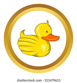 Rubber duck vector icon in golden circle, cartoon style isolated on white background