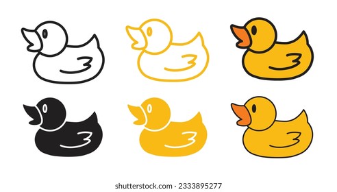 rubber duck vector icon set in black and yellow color. plastic toy duck pictogram in fill and outline style.