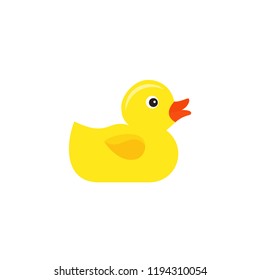 Rubber duck. Vector. Yellow ducky bath toy isolated on white background. Baby icon in flat design. Cartoon illustration. 