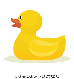 Rubber duck. Yellow rubber toy in the shape of a duck for swimming. Vector illustration isolated on a white background for design and web.