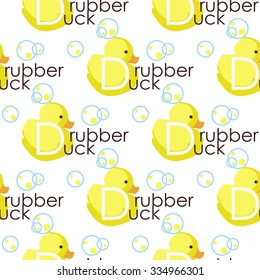Rubber duck yellow & white vector seamless pattern with bubbles & brown text