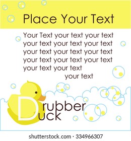 Rubber duck yellow & white vector greeting card with bubbles & brown text