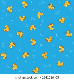 Patrón de papel tapiz vectorial sin fisuras del conducto de goma. Juguetes amarillos y burbujas en fondo azul