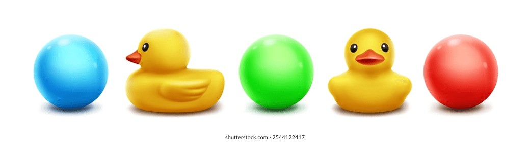 Patos de borracha e bolas conjunto isolado no fundo branco. Ilustração realista vetorial de brinquedos coloridos para jogos de banheiro, piscina, férias de verão, patinhos amarelos bonitos vista frontal e lateral