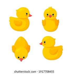 Rubber ducks for bathing. Set of four yellow plastic ducks isolated in white background. Vector illustration in cartoon style