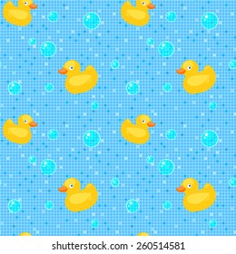 Rubber ducks, bubbles, bathroom tiles, pool tiles. Vector seamless pattern.