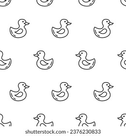 Rubber Ducks seamless pattern with linear doodle icons. Newborn background texture. Goods for kids, infant accessories print vector illustration for nursery textile, wallpaper, wrapping paper