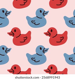 Rubber Ducks seamless Pattern. Wrapping, packaging in flat style. Blue and pink. Suitable for gift wrap, greeting card, textile design, fabric.