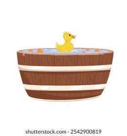 Rubber ducks swimmig in a wooden tub. Bath yellow cute toys, water funny games vector duck in an oak buthtub cartoon illustration isolated on white background