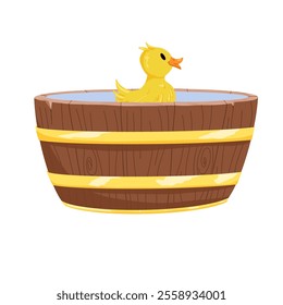 Rubber ducks swimmig in a wooden tub. Bath yellow cute toys, water funny games vector duck in an oak buthtub cartoon illustration isolated on white background