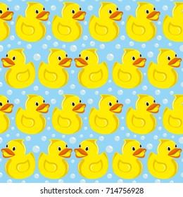 Rubber ducky with soap bubbles seamless vector pattern