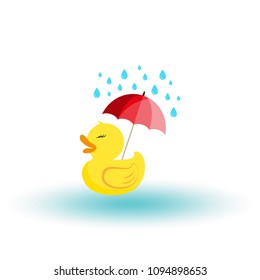 Rubber ducky with an umbrella in the rain. Icon for web and mobile application. Vector illustration on a white backgroun. Can be used for design greeting card, invitation, banner or logos. Flat.