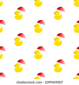 Rubber ducky with umbrella. Vector illustration on a white background. Seamless pattern. Can be used for design greeting card, invitation, banner or logos. Flat design style. Swatch inside