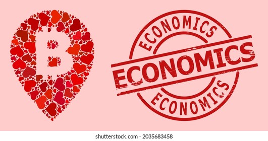 Rubber Economics badge, and red love heart mosaic for bitcoin map pointer. Red round badge contains Economics title inside circle. Bitcoin map pointer mosaic is formed with red dating symbols.