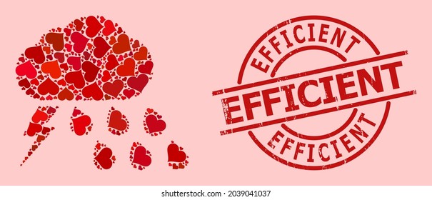 Rubber Efficient stamp seal, and red love heart mosaic for thunderstorm weather. Red round stamp seal contains Efficient caption inside circle.