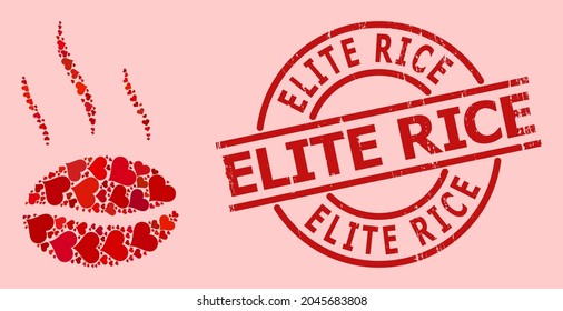 Rubber Elite Rice badge, and red love heart mosaic for coffee aroma. Red round badge has Elite Rice caption inside circle. Coffee aroma mosaic is organized of red amour items.