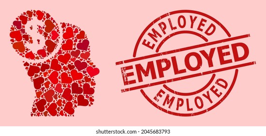 Sello de sellos de sellos de goma empleados, y mosaico de corazón de amor rojo para la banca de cabeza. El sello rojo redondo incluye la leyenda empleada dentro del círculo. El mosaico de la banca principal se hace a partir de elementos de citas rojas.
