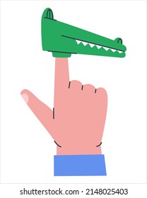 Rubber Eraser Crocodile put on a finger or pencil. Puppets on the finger in the form of a crocodile head. Flat vector illustration. Eps 10