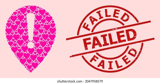 Rubber Failed stamp, and pink love heart mosaic for notice map pointer. Red round stamp seal includes Failed caption inside circle. Notice map pointer mosaic is formed with pink dating elements.