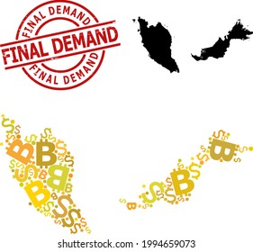 Rubber Final Demand stamp, and financial collage map of Malaysia. Red round stamp includes Final Demand text inside circle. Map of Malaysia collage is designed with financial, funding,