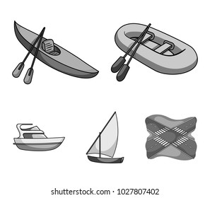 A rubber fishing boat, a kayak with oars, a fishing schooner, a motor yacht.Ships and water transport set collection icons in monochrome style vector symbol stock illustration web.