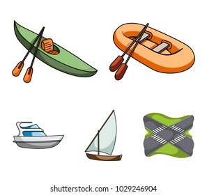 A rubber fishing boat, a kayak with oars, a fishing schooner, a motor yacht.Ships and water transport set collection icons in cartoon style vector symbol stock illustration web.