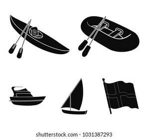 A rubber fishing boat, a kayak with oars, a fishing schooner, a motor yacht.Ships and water transport set collection icons in black style vector symbol stock illustration web.