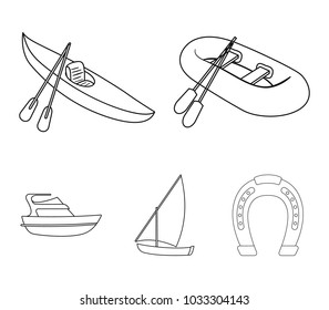 A rubber fishing boat, a kayak with oars, a fishing schooner, a motor yacht.Ships and water transport set collection icons in monocrome style vector symbol stock illustration web.