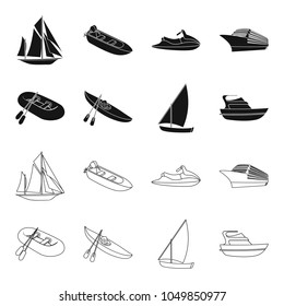 A rubber fishing boat, a kayak with oars, a fishing schooner, a motor yacht.Ships and water transport set collection icons in black,outline style vector symbol stock illustration web.