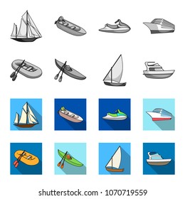 A rubber fishing boat, a kayak with oars, a fishing schooner, a motor yacht.Ships and water transport set collection icons in monochrome,flat style vector symbol stock illustration web.