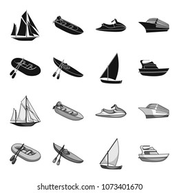 A rubber fishing boat, a kayak with oars, a fishing schooner, a motor yacht.Ships and water transport set collection icons in black,monochrome style vector symbol stock illustration web.