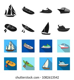 A rubber fishing boat, a kayak with oars, a fishing schooner, a motor yacht.Ships and water transport set collection icons in black,flet style vector symbol stock illustration web.