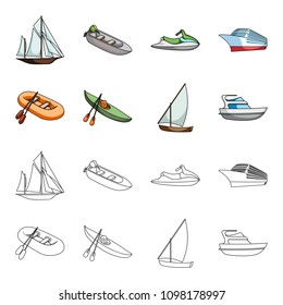 A rubber fishing boat, a kayak with oars, a fishing schooner, a motor yacht.Ships and water transport set collection icons in cartoon,outline style vector symbol stock illustration web.