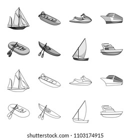 A rubber fishing boat, a kayak with oars, a fishing schooner, a motor yacht.Ships and water transport set collection icons in outline,monochrome style vector symbol stock illustration web.