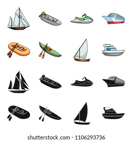 A rubber fishing boat, a kayak with oars, a fishing schooner, a motor yacht.Ships and water transport set collection icons in black,cartoon style vector symbol stock illustration web.