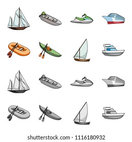 A rubber fishing boat, a kayak with oars, a fishing schooner, a motor yacht.Ships and water transport set collection icons in cartoon,monochrome style vector symbol stock illustration web.