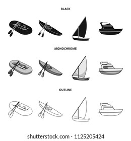 A rubber fishing boat, a kayak with oars, a fishing schooner, a motor yacht.Ships and water transport set collection icons in black, monochrome, outline style vector symbol stock illustration web.