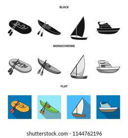 A rubber fishing boat, a kayak with oars, a fishing schooner, a motor yacht.Ships and water transport set collection icons in black, flat, monochrome style vector symbol stock illustration web.