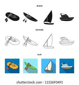 A rubber fishing boat, a kayak with oars, a fishing schooner, a motor yacht.Ships and water transport set collection icons in black,flat,outline style vector symbol stock illustration web.