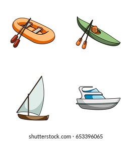 A rubber fishing boat, a kayak with oars, a fishing schooner, a motor yacht.Ships and water transport set collection icons in cartoon style vector symbol stock illustration web.