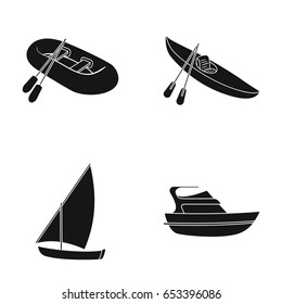 A rubber fishing boat, a kayak with oars, a fishing schooner, a motor yacht.Ships and water transport set collection icons in black style vector symbol stock illustration web.