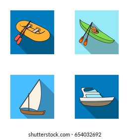 A rubber fishing boat, a kayak with oars, a fishing schooner, a motor yacht.Ships and water transport set collection icons in flat style vector symbol stock illustration web.