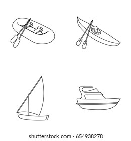 A rubber fishing boat, a kayak with oars, a fishing schooner, a motor yacht.Ships and water transport set collection icons in monocrome style vector symbol stock illustration web.