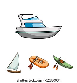 A rubber fishing boat, a kayak with oars, a fishing schooner, a motor yacht.Ships and water transport set collection icons in cartoon style vector symbol stock illustration web.