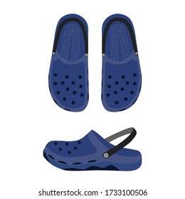 Rubber flip flops in blue. Top view and side. Summer aqua shoes with holes and strap on the heel Silicone slates for children and adults. Sandals, Clogs, Closed Toe, Slippers. Vector flat illustration