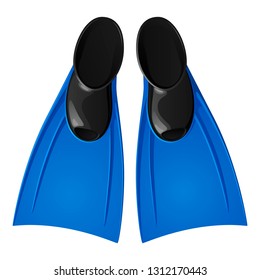 Rubber flippers for swimming, blue with black, top view. Isolated vector image on white background.