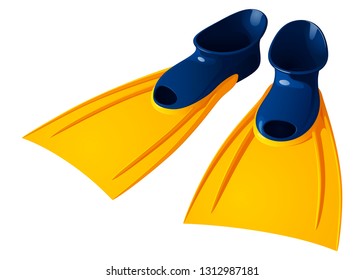 Rubber flippers for swimming, blue with yellow, isolated vector image on white background.