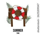 Rubber floating with on desk board with palm branches. Summer time pool and ocean lifebelt element party  
